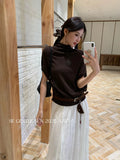 Xixi 2025 Autumn New White Standard Temperament High-Neck Solid Color Knit Shirt Short-Sleeve Top Lady