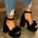 Summer New Thick Heel Sandals Women Feel A Buckle With Fur Fashion Women's