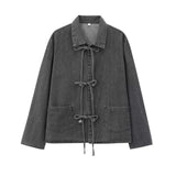 Women's Spring New Collar Bows Decorated With Long-Sleeved Pocket Wash Denim Shirt Pocket