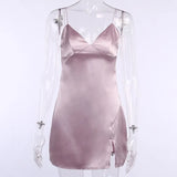 Satin V-Neck Spaghetti Strap Mini Party Dresses Women Split Hem Sleeveless Sexy Skinny Fashion Summer Dresses