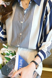 Women's Shirt Blue Striped Blouses for Women Long Sleeve Top Women Button Up Polo Neck Clothes Female 2023 Fashion Leisure