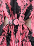 Vintage Women Printed Pleated Long Dress Elegant Round Neck Lantern Sleeve High Waist A-Line Maxi Vestidos Female
