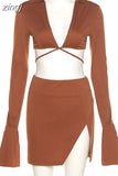 Autumn Casual Women Two Piece Skirts Sets Long Lantern Sleeve Lace Up Tops+Side Slit Mini Skirts Office Lady