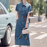 Kong Style Retro Thin Denim Dress Women's Summer 2025 New Loose Thin Small Short-Sleeved Shirt