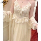 Vintage Lace Fairy Dress Women Ruffles Designer Casual Long Strap Dress Elegant Women's Dresses for Party 2022 Autumn