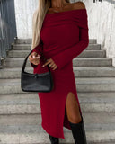 Zingj Hot Style Autumn And Winter New Long Sleeve Solid Color One Word Collar Slit Dress