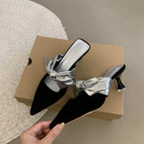 Summer New Korean Style Female Slippers Bag Head High Tip Bow Fine Heel Heel Cold