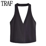 White Halter Top Female Off Shoulder Crop Tops For Women Sexy Sleeveless Backless Top Woman Tied Streetwear Summer
