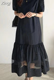 Korea Summer Women Lace Black Dress Woman Pullover Pleated Ruffes Dress Fashion Ladies Womens Casual Office Long