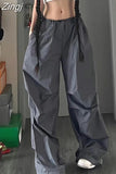 Streetwear Oversize Drawstring Hippie Tech Low Waist Parachute Pants Female Harajuku Solid Ruched Wide Leg