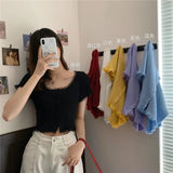 Women Patched Lace O-Neck Knitted Short Sleeve Thin Sweaters Cardigans Lady Single-breasted Buttons Sweater Crop Tops