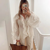 High-End Design Pure Color Temperament Chiffon Lotus Side Zipper Top With Comfortable Loose Long-Sleeved