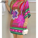 Summer Women's Mini Tropical Print Half Sleeve Casual Dress Round Neck