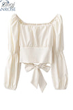 New Women Simple Cropped Tops Pleated Slim Sexy Female Long Puff Sleeve Bandage Bow Square Collar Vintage All-match