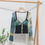 Spring Dress French Court Style Lace Lace Spliced Printed Horn Long-Sleeved T-Shirt