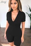 Women Ladies Deep V-neck Short Sleeve Bodysuit Playsuit Jumpsuit Stretch Front Zip Up Bodycon Sport Leotard Tops