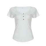 Trendy Base Simple Stripe Bump V Collar Three Buckle Short-Sleeved T-Shirt Top 2025