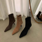 Temperament Autumn And Winter Pointed Elastic Boots Female New Net Red Thin Suede Fashion Commuter Ankle Boots Heel Ankle