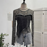 Shooting Fashion Leopard Tard Tard Babes Mesh Splicing Denim Irregular Bottom Shirt Short Top