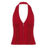 Trendy Sexy Strap Girded Waist Design Solid Sexy Hot Babes Hanging Neck Zipper Small Vest 2025