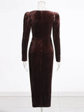 Sexy Velvet Two New Spring 2025 New Fashion Slings To Collect The Waist Thin Knot Long-Sleeved Dress
