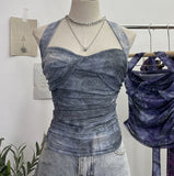 Solid Shot Tie-Dye-Dyed Denim Print Folding Mesh Sling Sling Sling Neck With Bow Striped Backwear