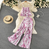 Women Summer Maxi Print Pants Suits New Sleeveless Strap Tops Female Casual Chiffon Two Pieces Sets Beach