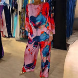 New Women's Temperament Elegant Print Bat Sleeves Wide Leg Trousers Fashion Set