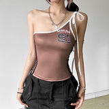 2024 Summer New Women's Slanted Shoulder T-Shirted Letter Print Sling Bottom Small