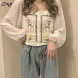 Women Print Casual Simple Hollow Out Teens Square Collar Daily Vintage Harajuku Crop Chic Comfortable College Loose