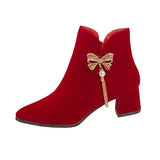 New Bow Water Diamond String Beads Wedding Shoes Korean Version Tassel Thick Heel Comfortable Bride Boots Wine Red Fashion