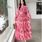 Women's Autumn Dress French Bubble Sleeves Long Heavy Industry Pressure Folds High-Grade Chiffon Floral Fall-In-Action