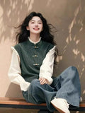 Chinese Green Fake Two-Piece Buckle Long-Sleeved Shirt Woman In The Spring Of 2025 New National Style Unique Special