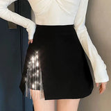 Black Side Split Rhinestone Fringe Mini Skirt- Outfit