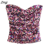 New Women High Street Strapless Colorful Sequined Slim Short Blouse Ladies Chic Y2K Tube Shirts Pullover Crop Tops