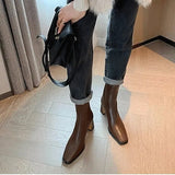 Brown Short Boots Women High And Thick Zipper Square Head 2025 New Winter Korean Version Of Thin Skinny