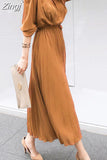 Single Breasted Chiffon Dress Women Pleated Dresses Full Sleeve Slim Waist A-line Casual Female Long Dress Vestidos