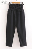 Spring Summer Bow Belt Solid Elastic High Waist Casual Harem Pants Korean Sweet Girls Ankle-Length Cotton Long