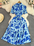 Vintage Women Printed Long Dress Elegant Turn-Down Collar Single Breasted Short Sleeve High Waist A-Line Maxi Vestido