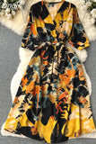 Women Vintage Printed Dress Elegant V-Neck Puff Sleeve High Waist A-Line Midi Robe Female Vacation Beach Vestidos
