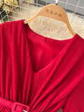 Vintage Women Pleated Chiffon Midi Dress Elegant V-Neck Short Sleeve High Waist A-Line Draped Purple/Red/Yellow Robe