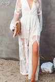 Lace Dress Long Women Bohemian Embroidered Maxi Dress Female V Neck Hollow Out White Casual Holiday Beach Dress