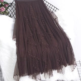 Pearl Pleated Tulle Skirt For Women Autumm Korean Irregular Beaded Wave Cut Elastic High Waist Mesh Pleated