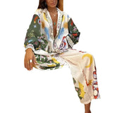 Women's 2025 Suit New Casual Print V-Neck Shirt Broad Leg Pants Women's Spring