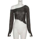 Autumn 2021 New Women's Solid-Color Fashion Slanted Shoulder Sexy Perspective Long-Sleeved T-Shirt In Wood