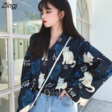 Shirts Women Long Sleeve Print Ulzzang Cat Turn-down Collar Students Designed Womens Korean Style with Buttons
