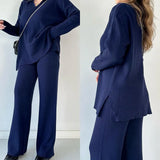Zingj 2023 New Solid Color Fashion Lapel Loose Casual Sweater Two Sets Of Women-Outfit