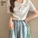 Women Short Sleeve Solid Fashion Simple Elegant Chic Sweet All-match Korean Basic Ladies Summer Ladies Cozy Casual