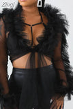 Shirts Mesh Sheer See Through Ruffles Long Sleeve Crop Tops Deep V-neck Lace-up Blouses Party Outwear 3