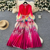 Elegant Dress Women Fashion Nail Ball Collar Hollow Pressure Folding Lantern Sleeves To Print Long